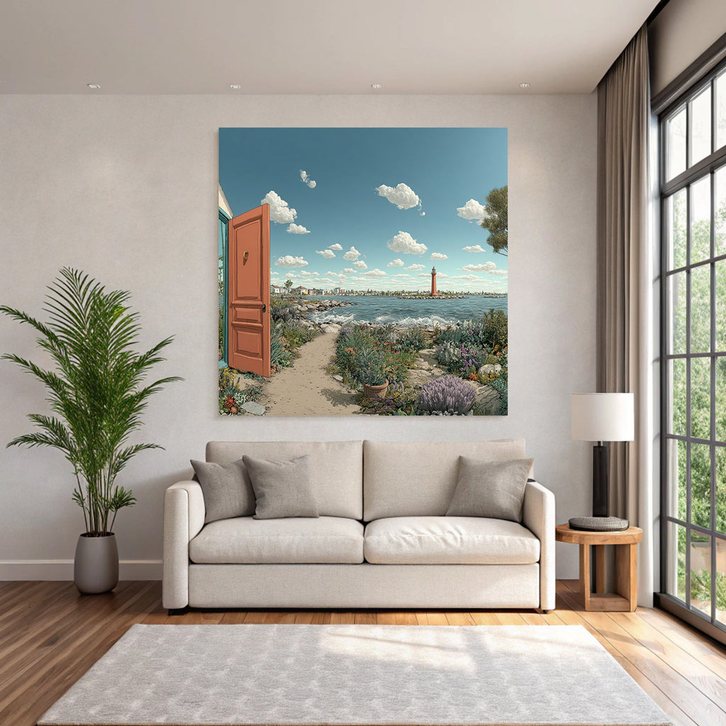Peaceful coastal landscape with open door and flower path