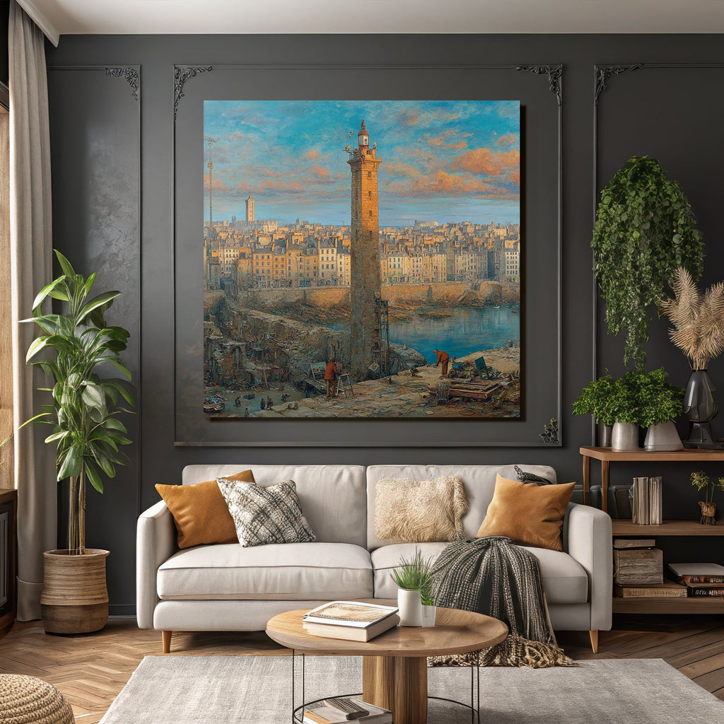 Historische Szene Baustelle Hafenstadt Mit Turm Arbeiter Impressionismus