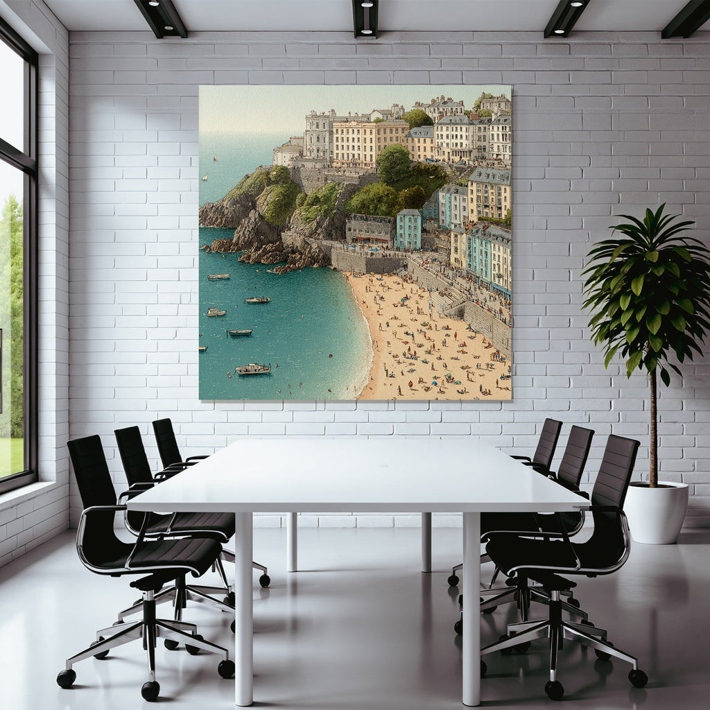 Küstenlandschaft Strand Felsen Gebäude Boote Sonnentag