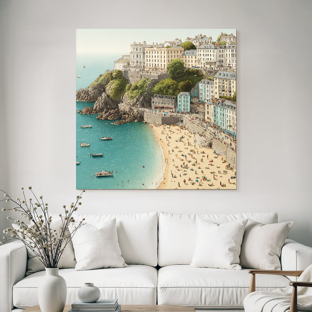 Küstenlandschaft Strand Felsen Gebäude Boote Sonnentag