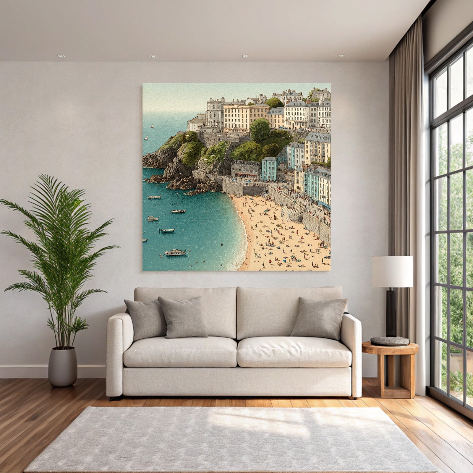 Küstenlandschaft Strand Felsen Gebäude Boote Sonnentag