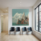 Picturesque coastal landscape Colorful buildings Rocks Sea