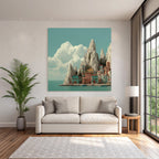 Picturesque coastal landscape Colorful buildings Rocks Sea