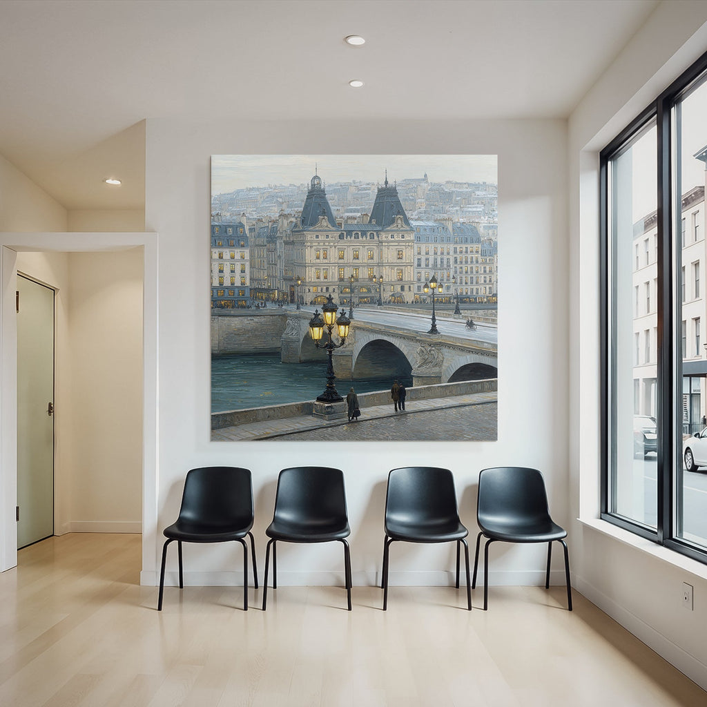 Ruhige Stadtlandschaft Brücke Über Fluss Abendlicht Kunstwerk