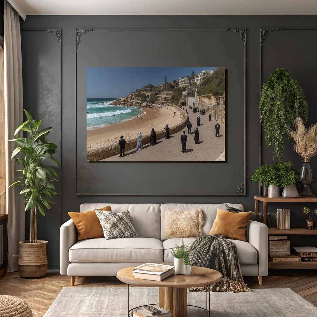 Strand Szene Mit Formeller Kleidung Und Top Hüten