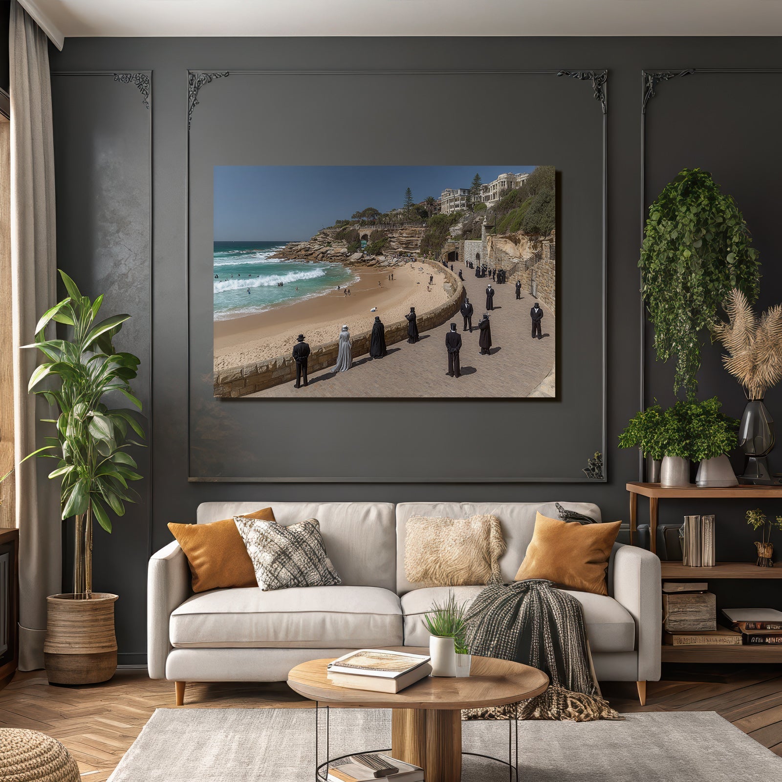 Strand Szene Mit Formeller Kleidung Und Top Hüten