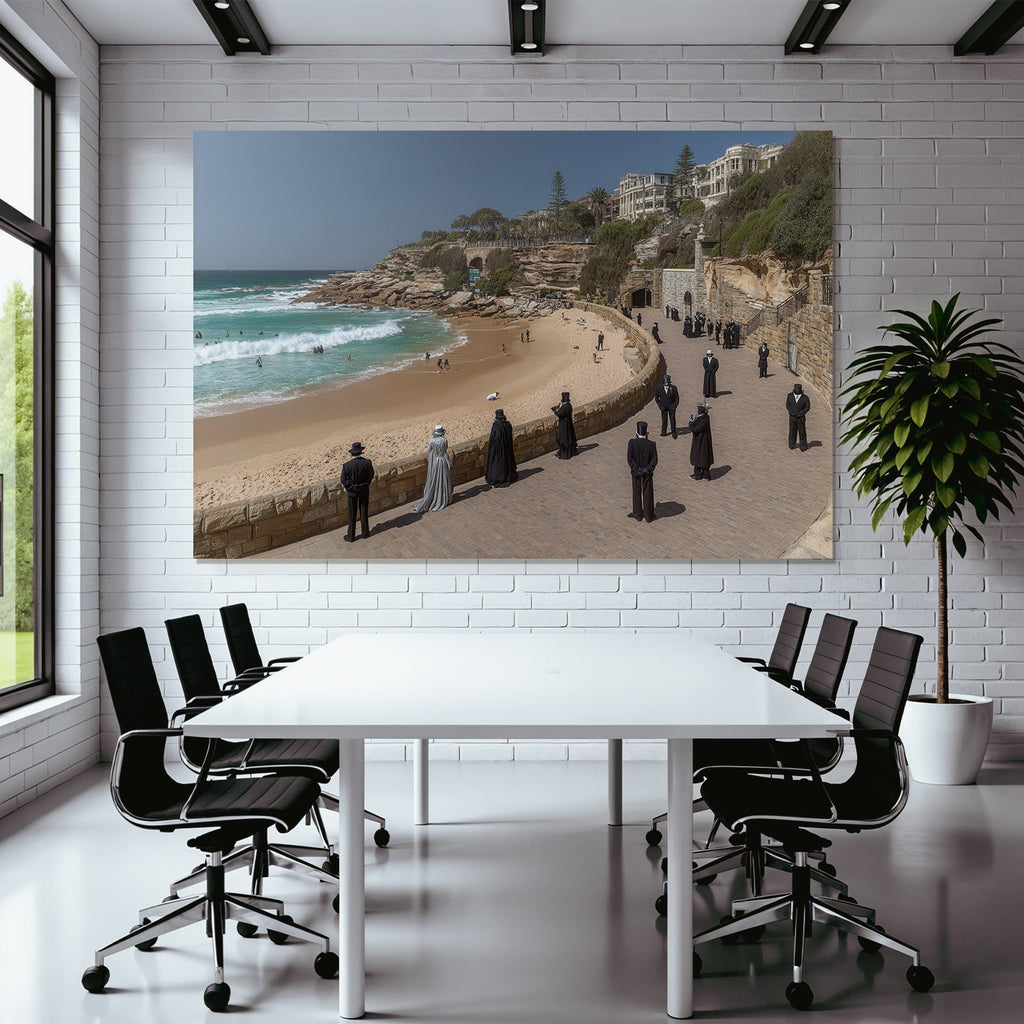 Strand Szene Mit Formeller Kleidung Und Top Hüten