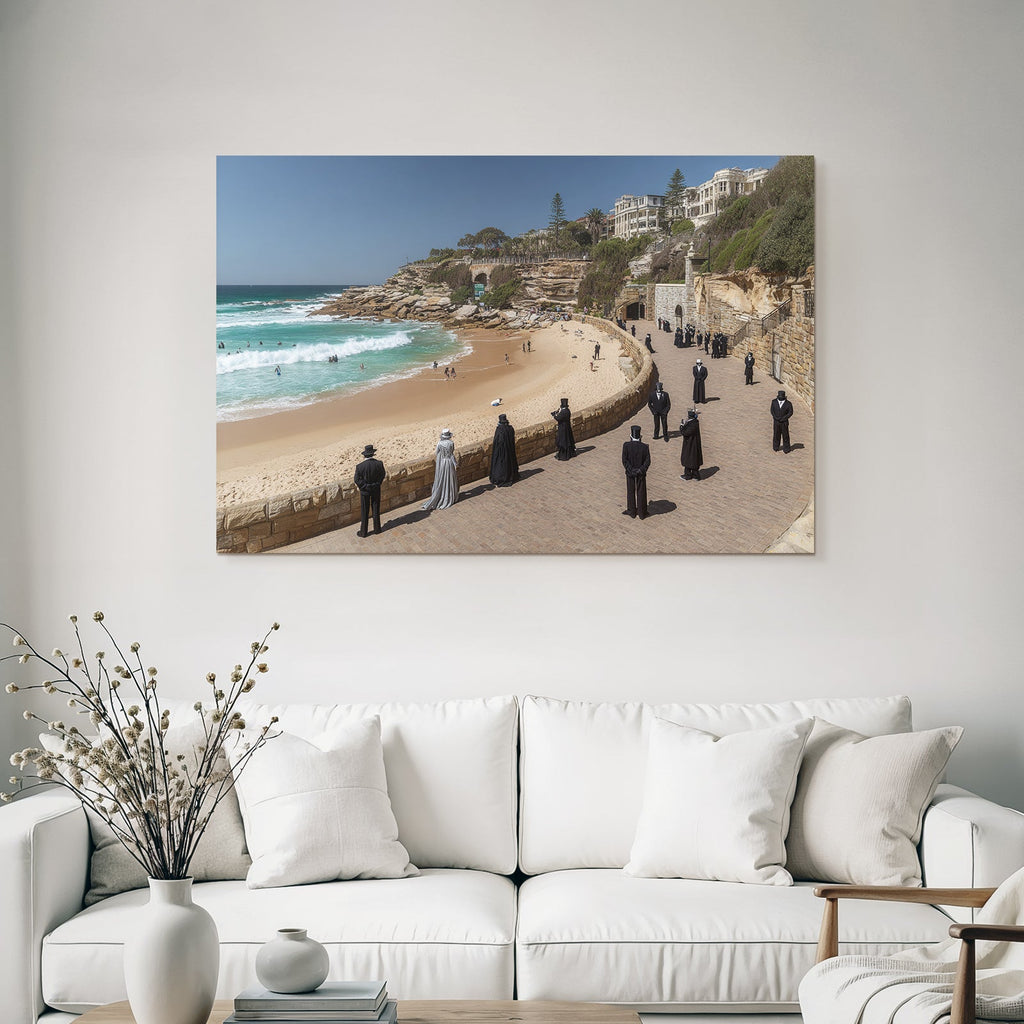 Strand Szene Mit Formeller Kleidung Und Top Hüten