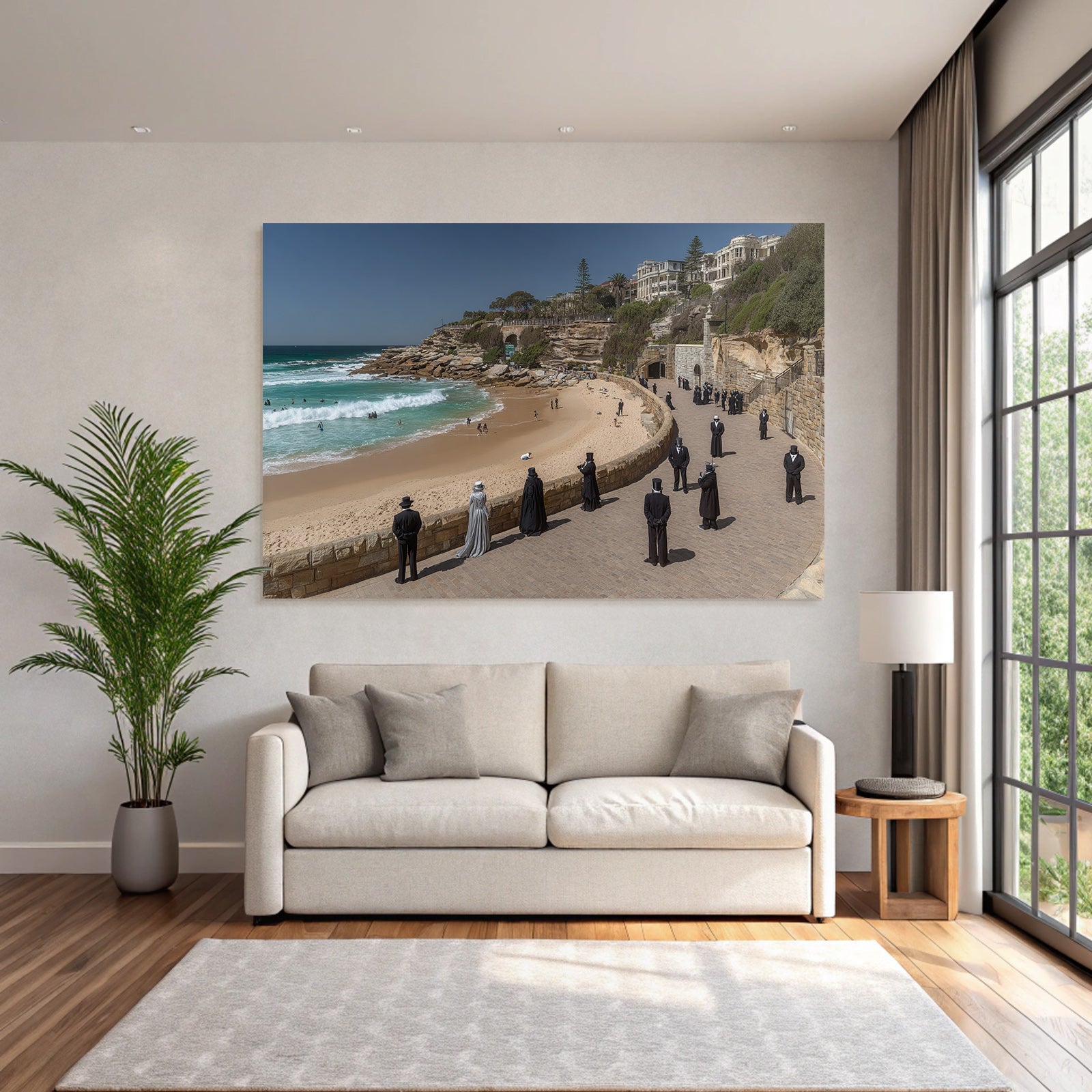 Strand Szene Mit Formeller Kleidung Und Top Hüten