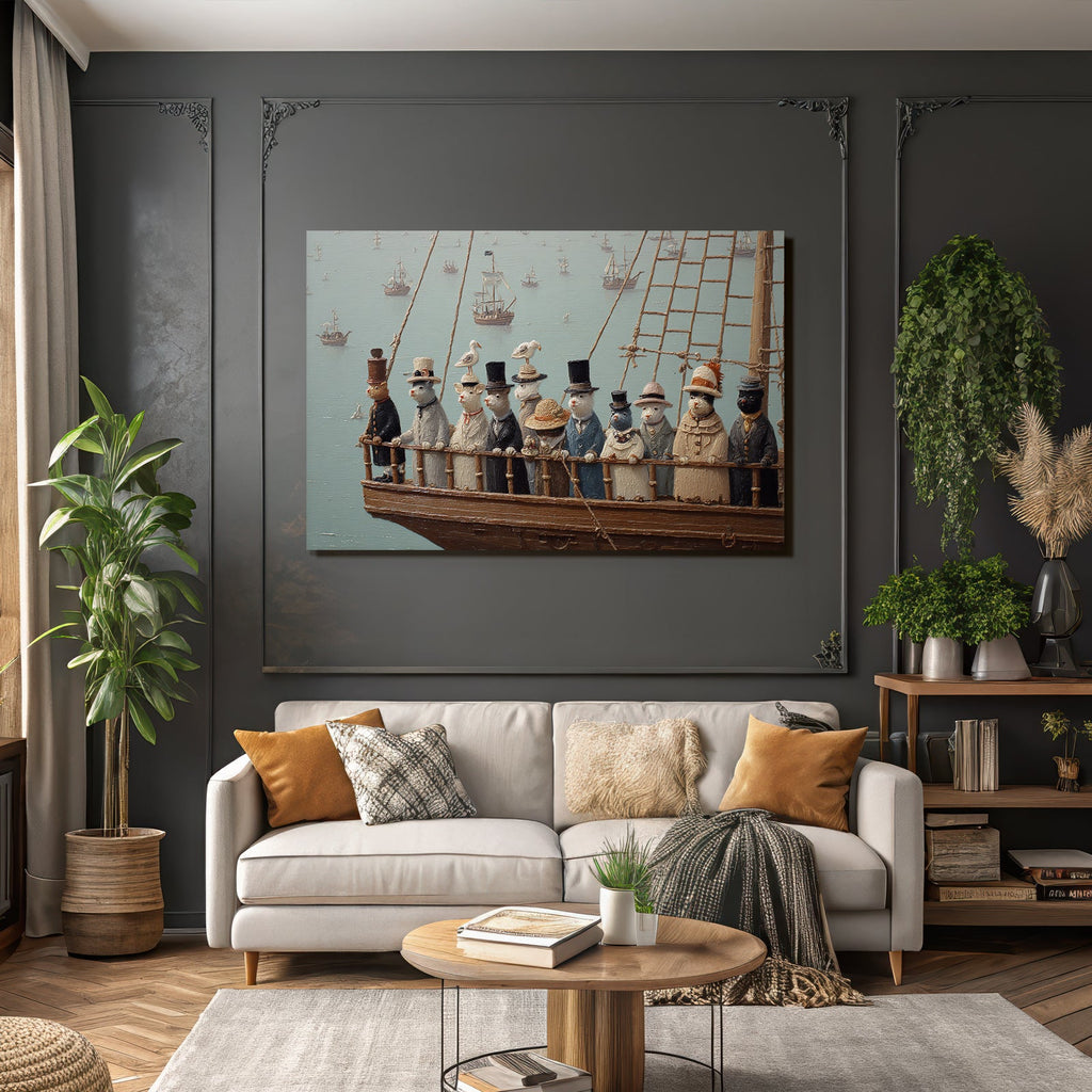 Anthropomorphe Tiere Formelle Kleidung Schiff Hintergrund Meer Zen Gesamtbild