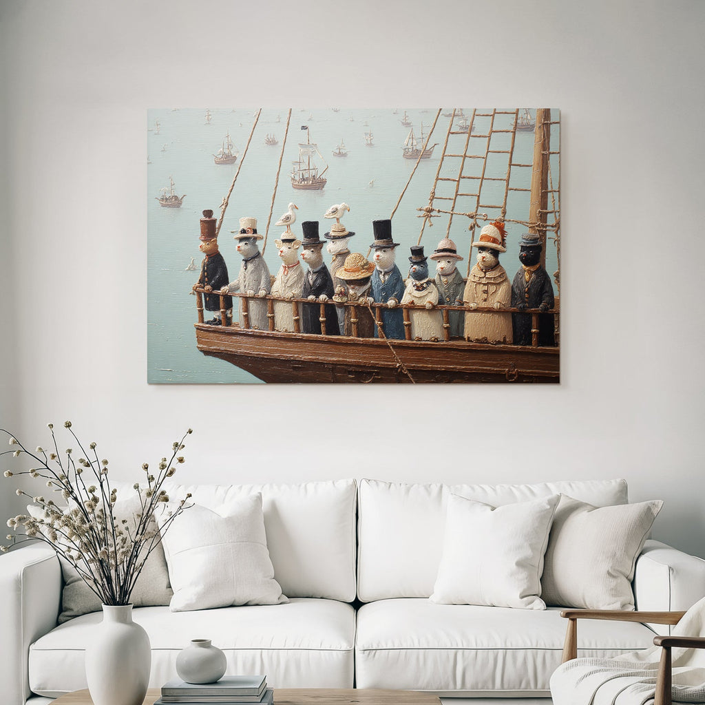 Anthropomorphe Tiere Formelle Kleidung Schiff Hintergrund Meer Zen Gesamtbild