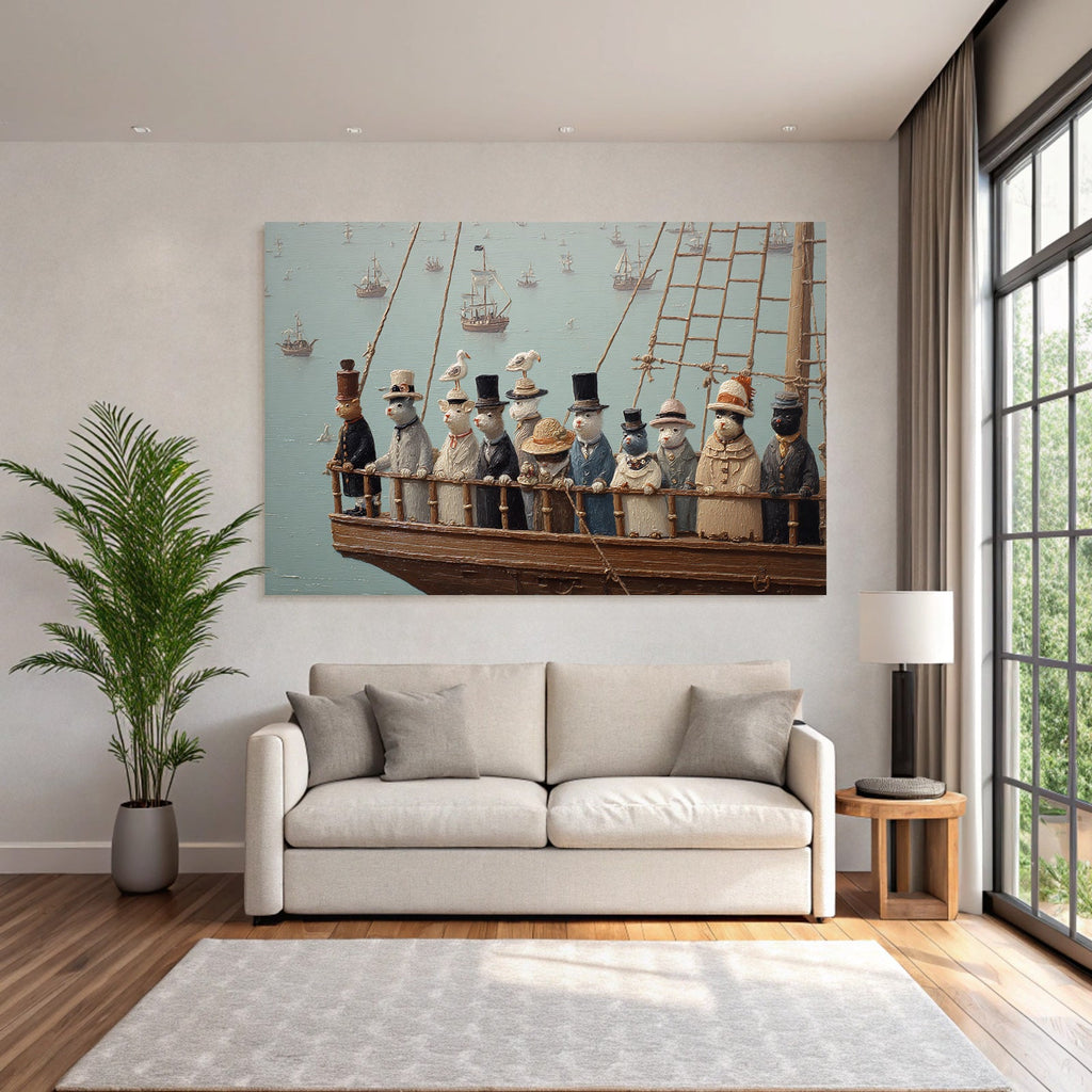 Anthropomorphe Tiere Formelle Kleidung Schiff Hintergrund Meer Zen Gesamtbild