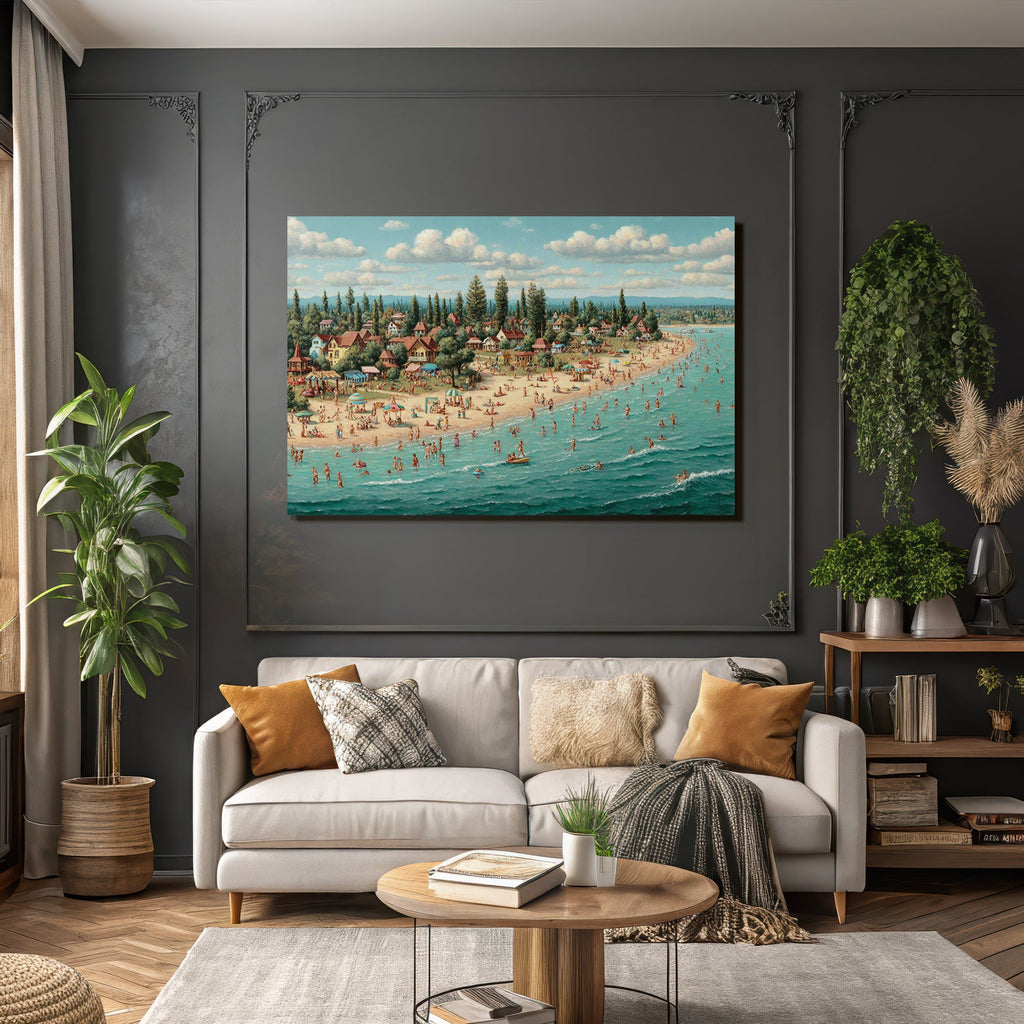 Beach Szenen Lebendiger Sommer Tag Mit Leuten Und Regenschirmen
