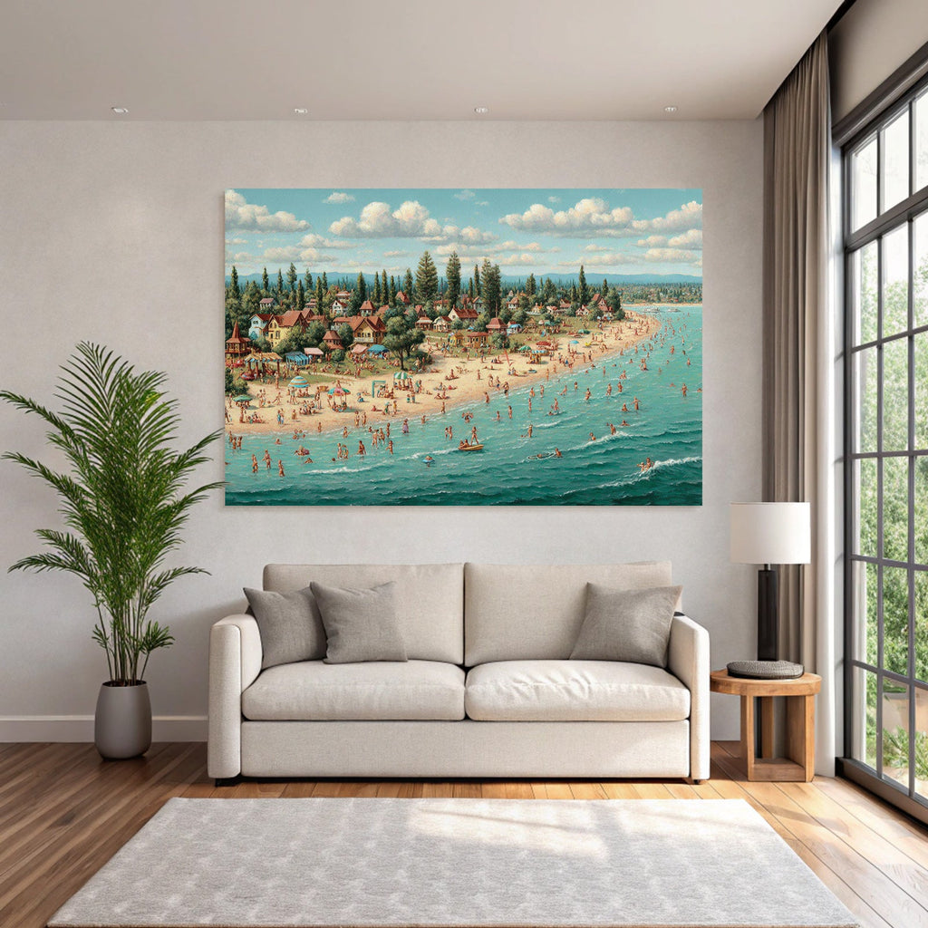 Beach Szenen Lebendiger Sommer Tag Mit Leuten Und Regenschirmen