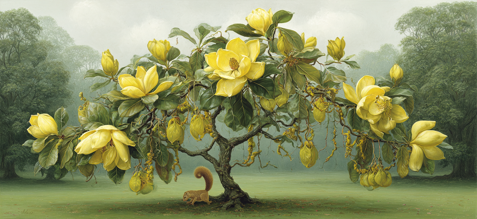 Blühender Baum Mit Gelben Blüten Und Ein Eichhörnchen Im Nebligen Wald | Humor und Schraeges | Themen und Hobbys
