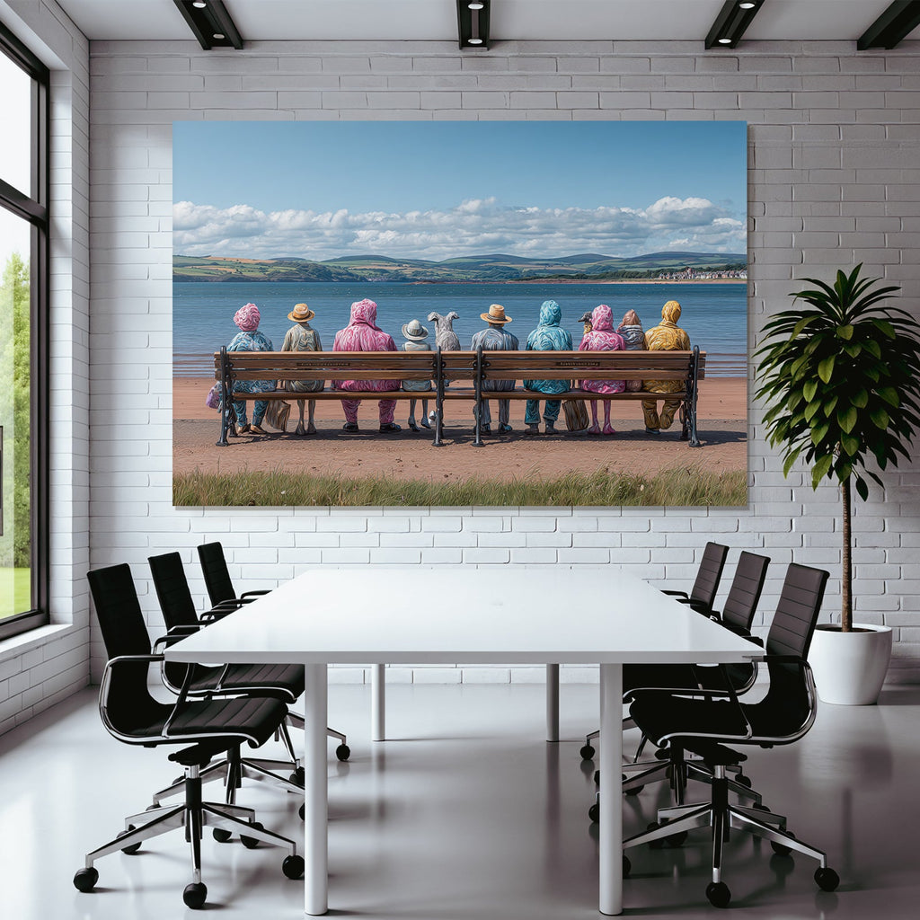 Bunte Figuren Auf Einer Bench Am Wasser Mit Hügeln Himmel