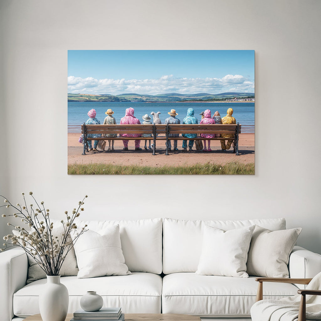 Bunte Figuren Auf Einer Bench Am Wasser Mit Hügeln Himmel