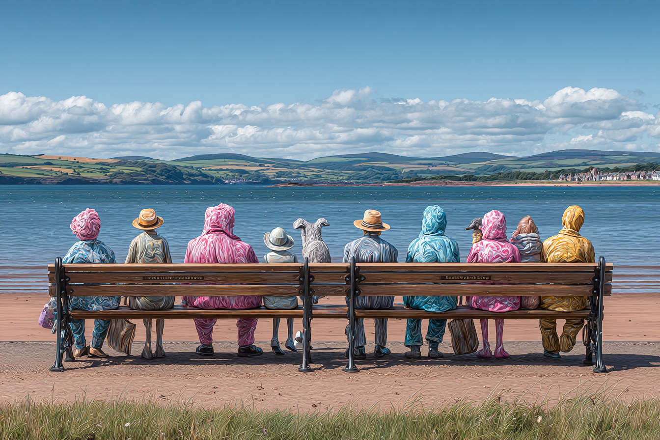 Bunte Figuren Auf Einer Bench Am Wasser Mit Hügeln Himmel | Humor und Schraeges | Themen und Hobbys