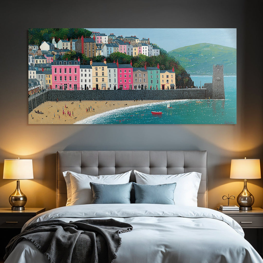 Bunte Küstenlandschaft Hafen Hügel Häuser Strand Boote
