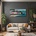 Bunte Küstenlandschaft Hafen Hügel Häuser Strand Boote