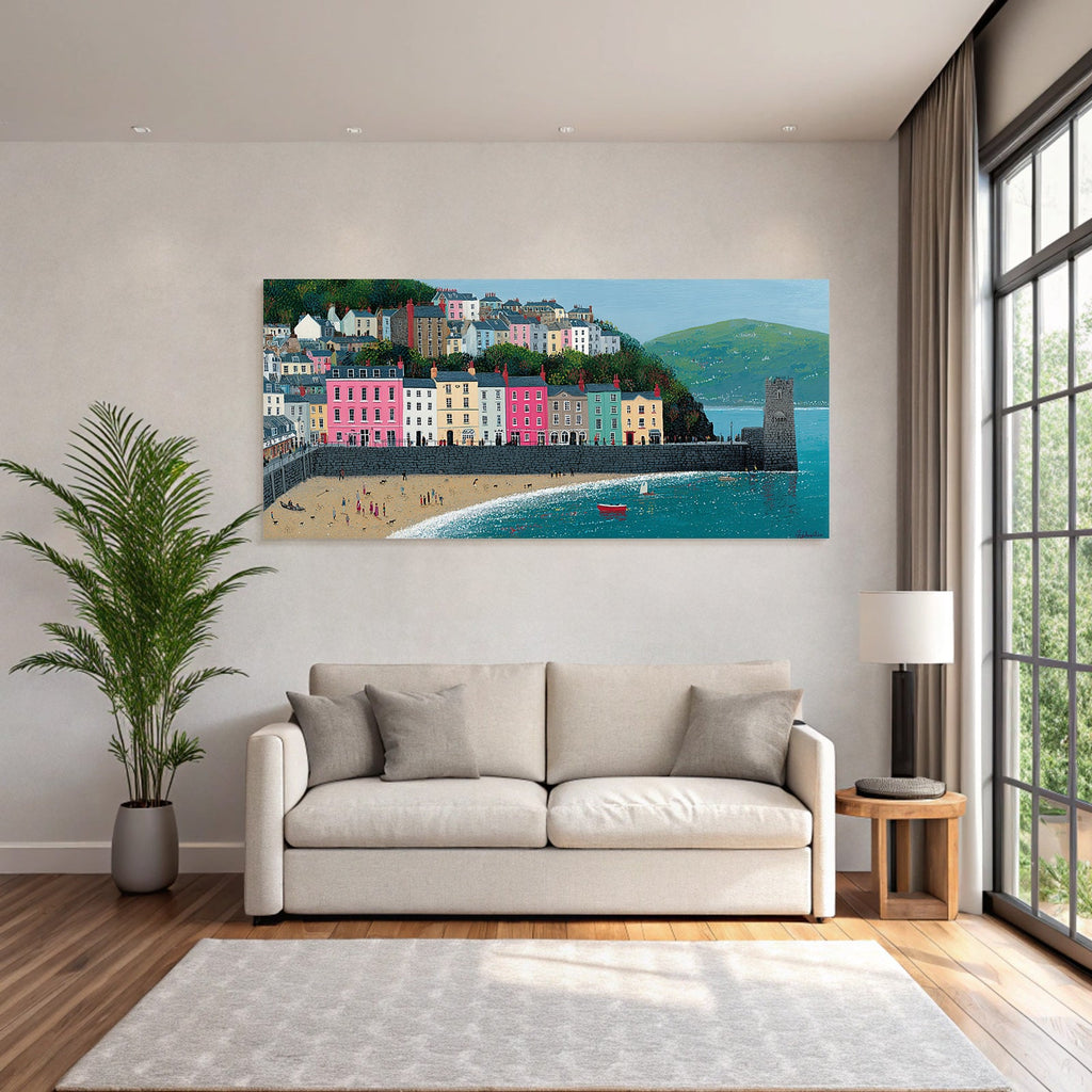 Bunte Küstenlandschaft Hafen Hügel Häuser Strand Boote