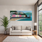 Bunte Küstenlandschaft Hafen Hügel Häuser Strand Boote