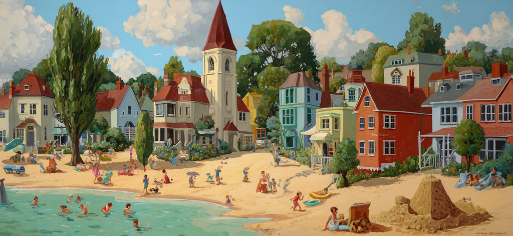 Bunte Strandszene Mit Kindern Und Hausern | Humor und Schraeges | Themen und Hobbys
