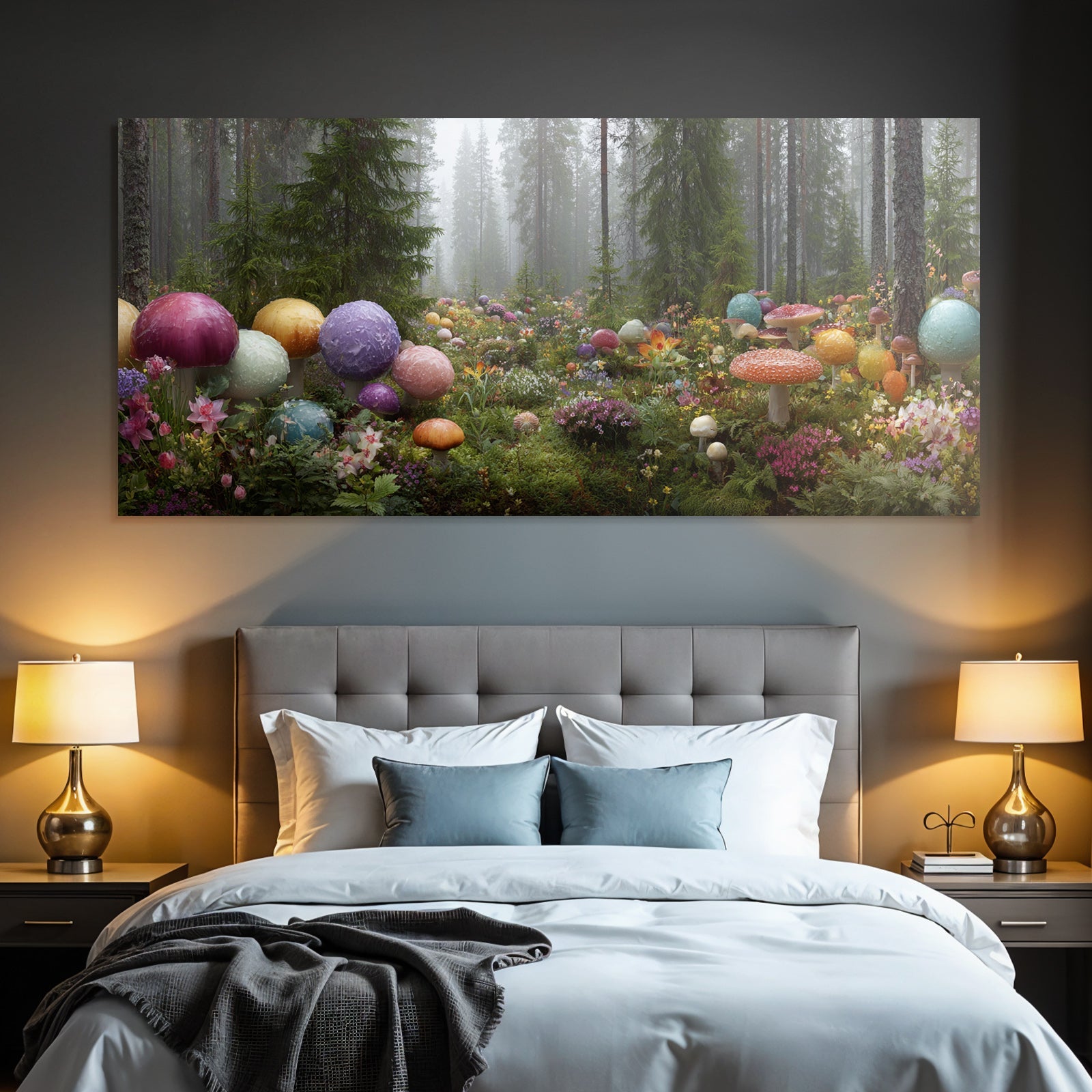 Bunte Waldszene Mit Grossen Pilzen Mit Nebel Atmosphäre