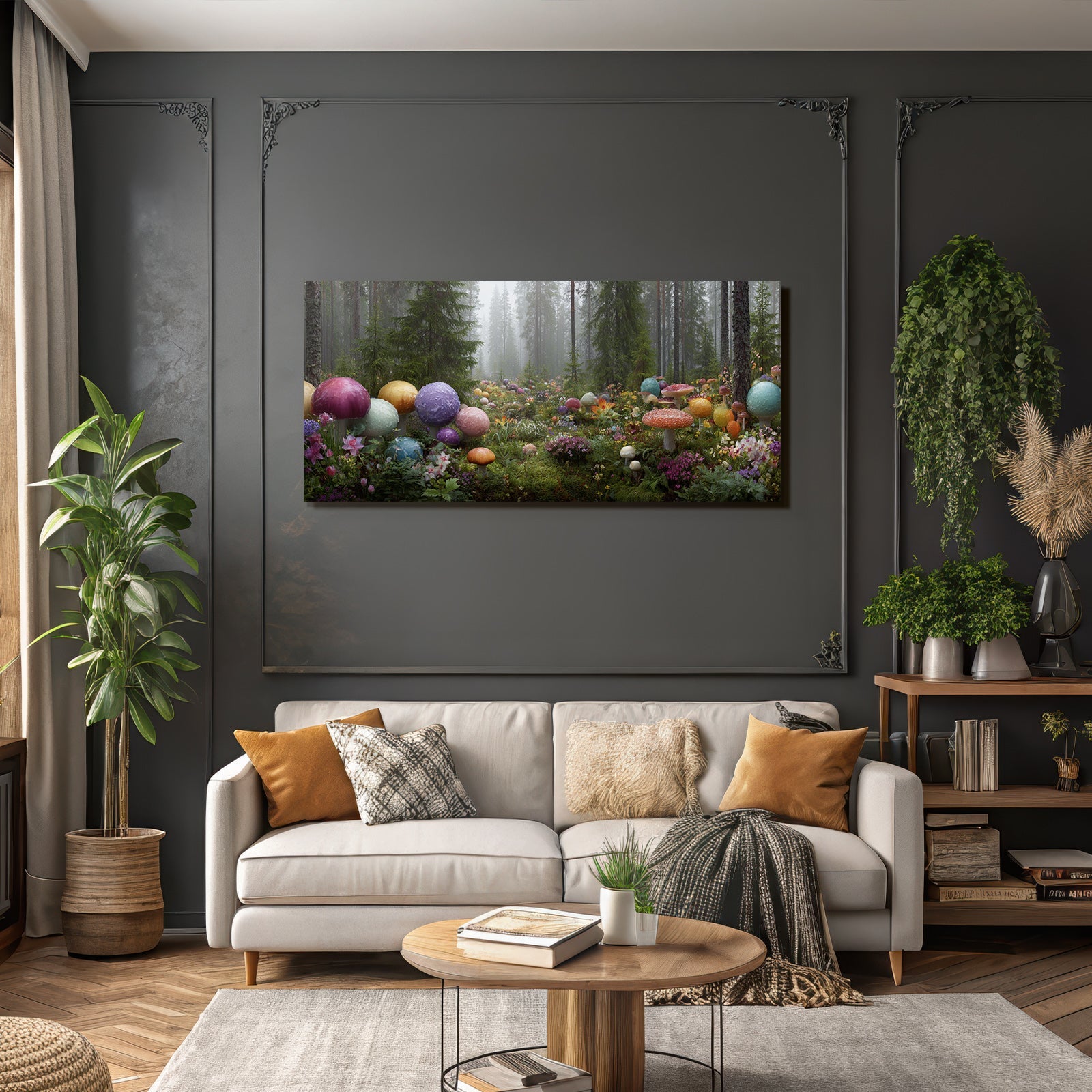 Bunte Waldszene Mit Grossen Pilzen Mit Nebel Atmosphäre