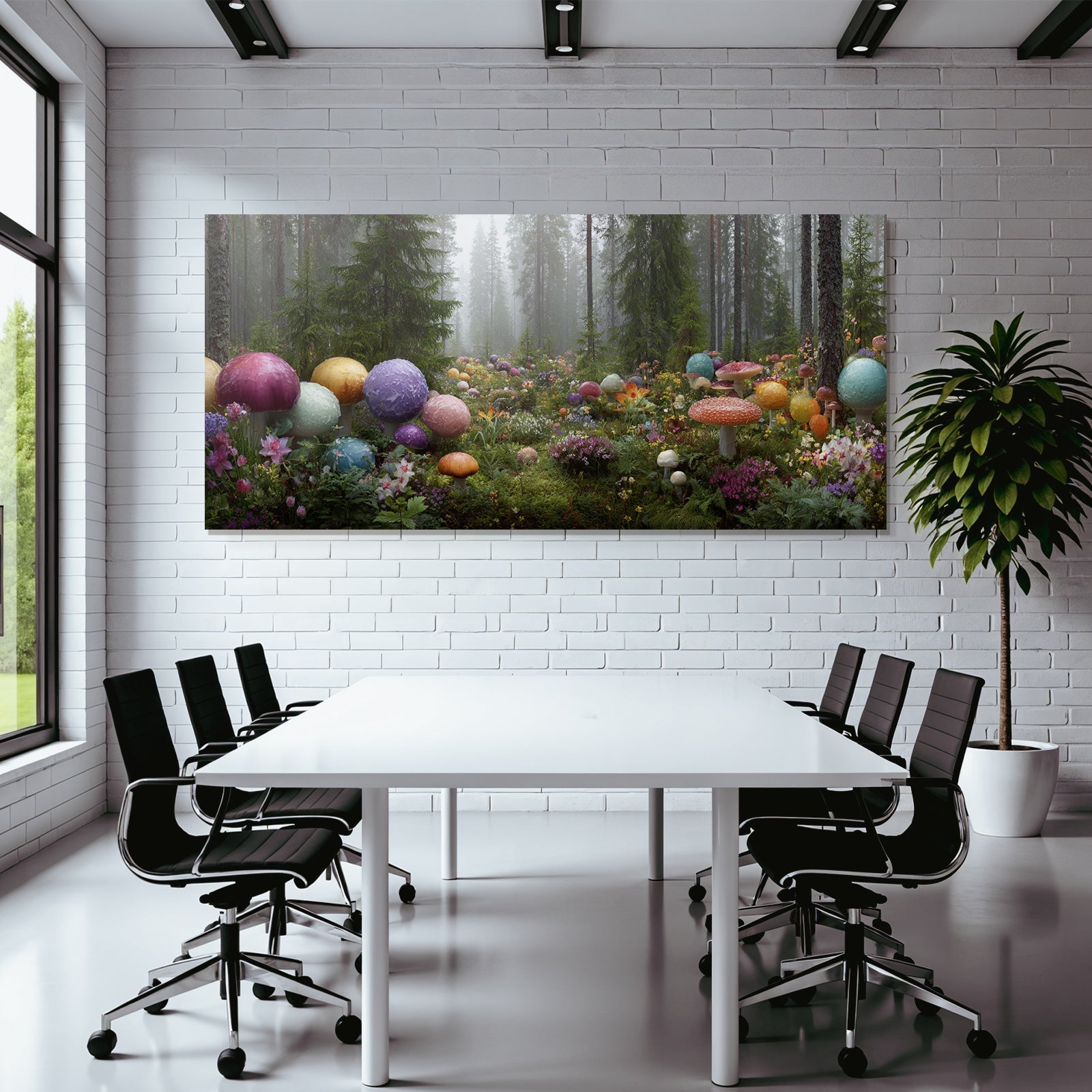 Bunte Waldszene Mit Grossen Pilzen Mit Nebel Atmosphäre