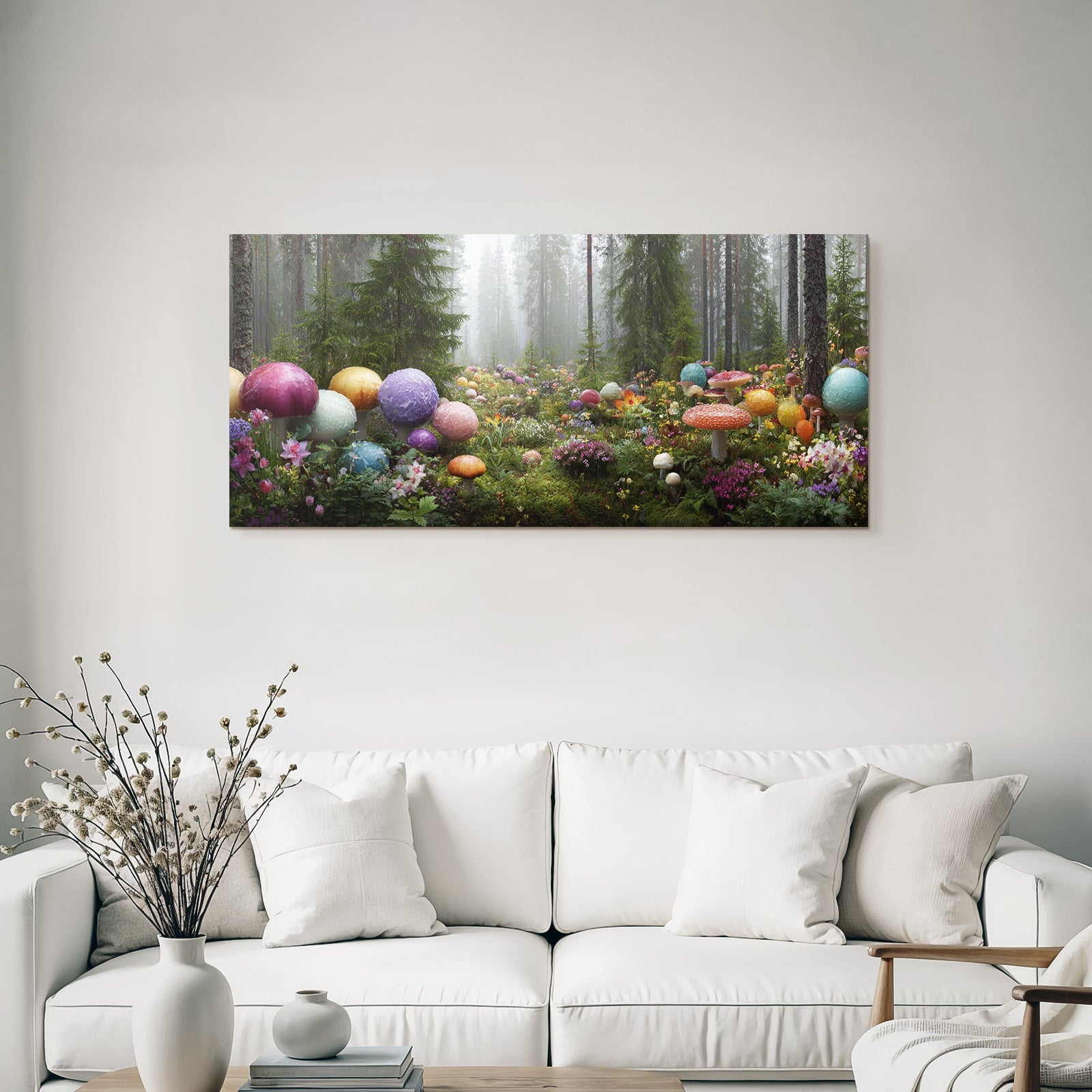 Bunte Waldszene Mit Grossen Pilzen Mit Nebel Atmosphäre