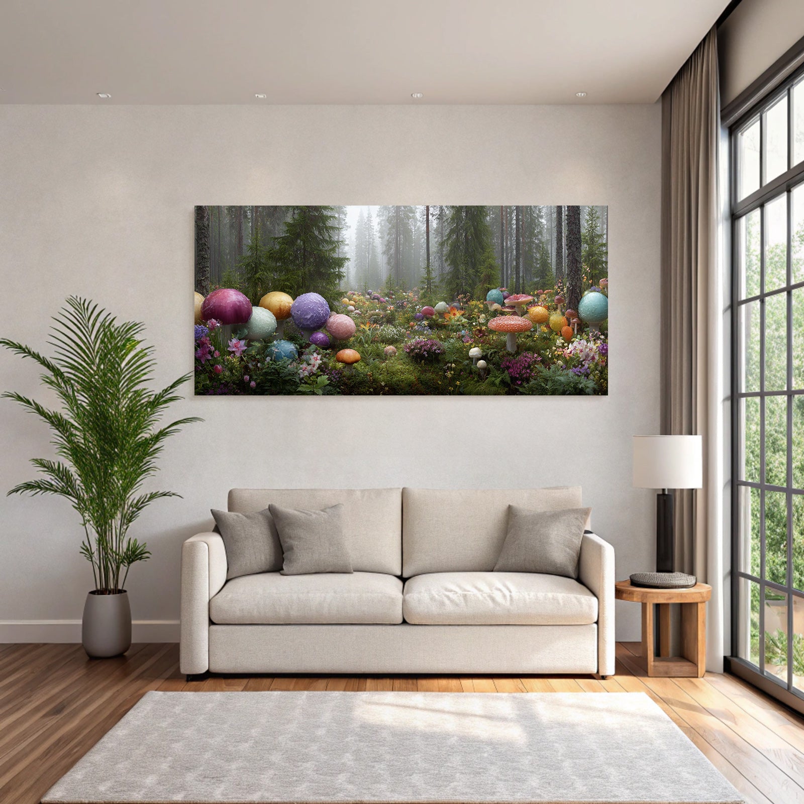 Bunte Waldszene Mit Grossen Pilzen Mit Nebel Atmosphäre