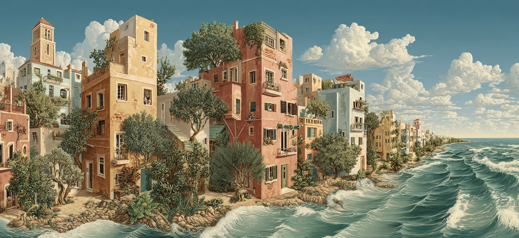 Buntes Küstenbild Idyllische Seestadt Mit Gebäuden Und Grünflächen | Humor und Schraeges | Themen und Hobbys