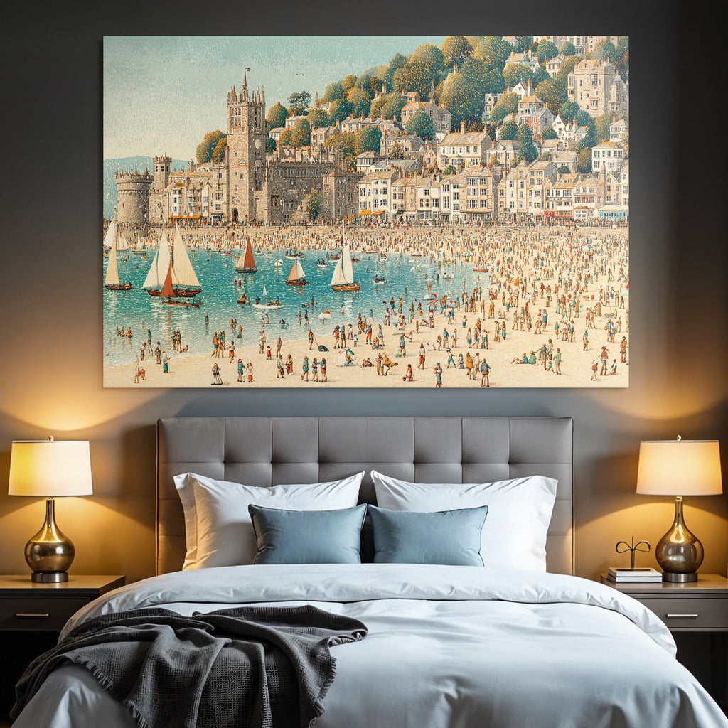 Bustling Seaside Scene Strandresort Harbor Illustration