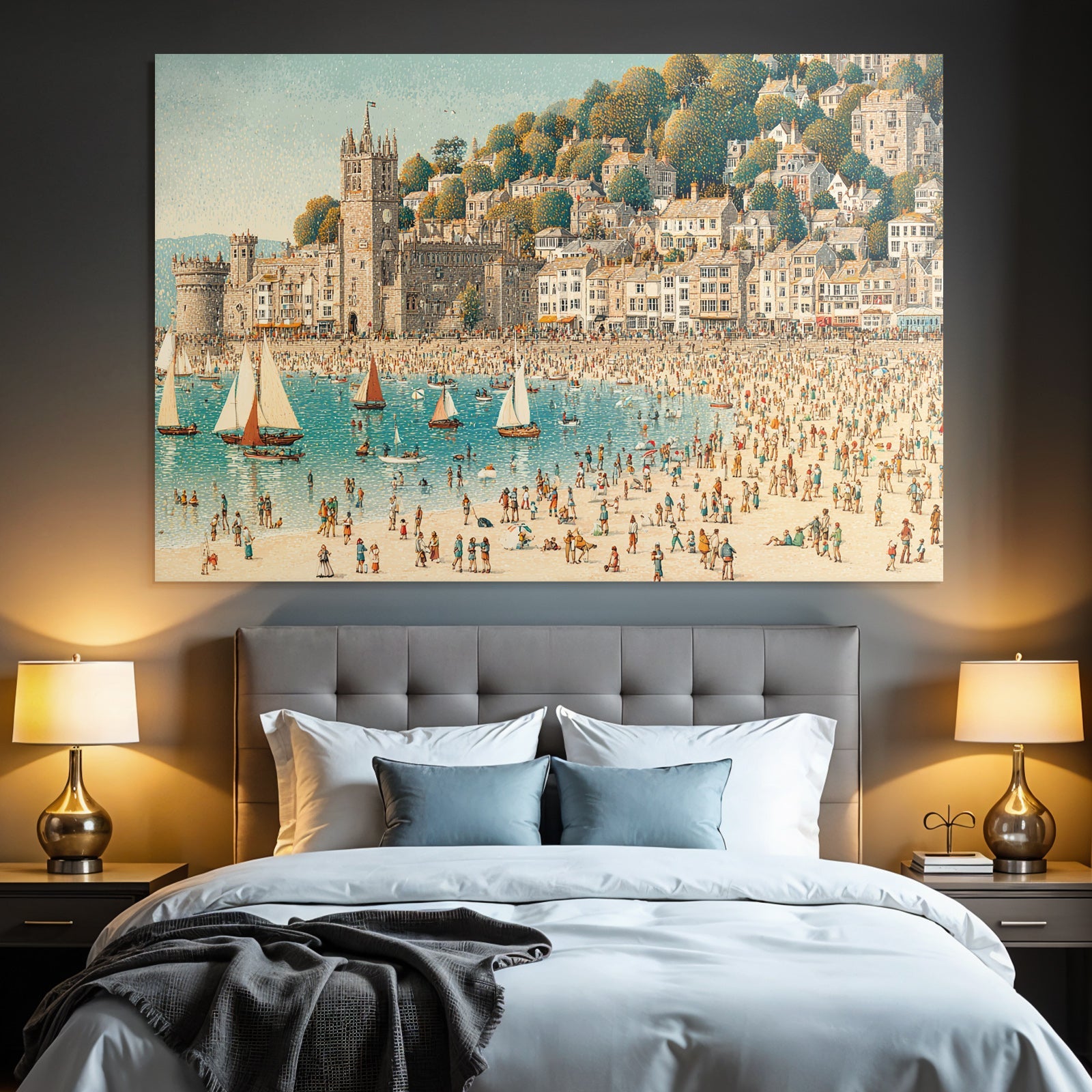 Bustling Seaside Scene Strandresort Harbor Illustration