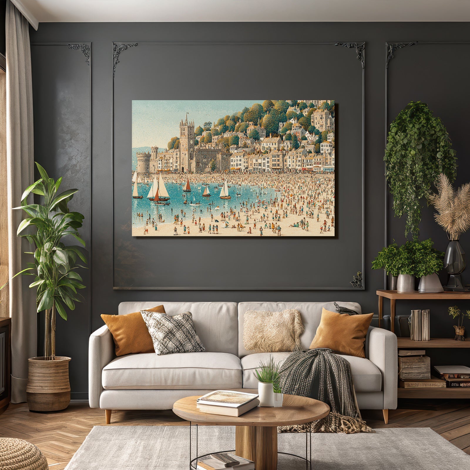 Bustling Seaside Scene Strandresort Harbor Illustration