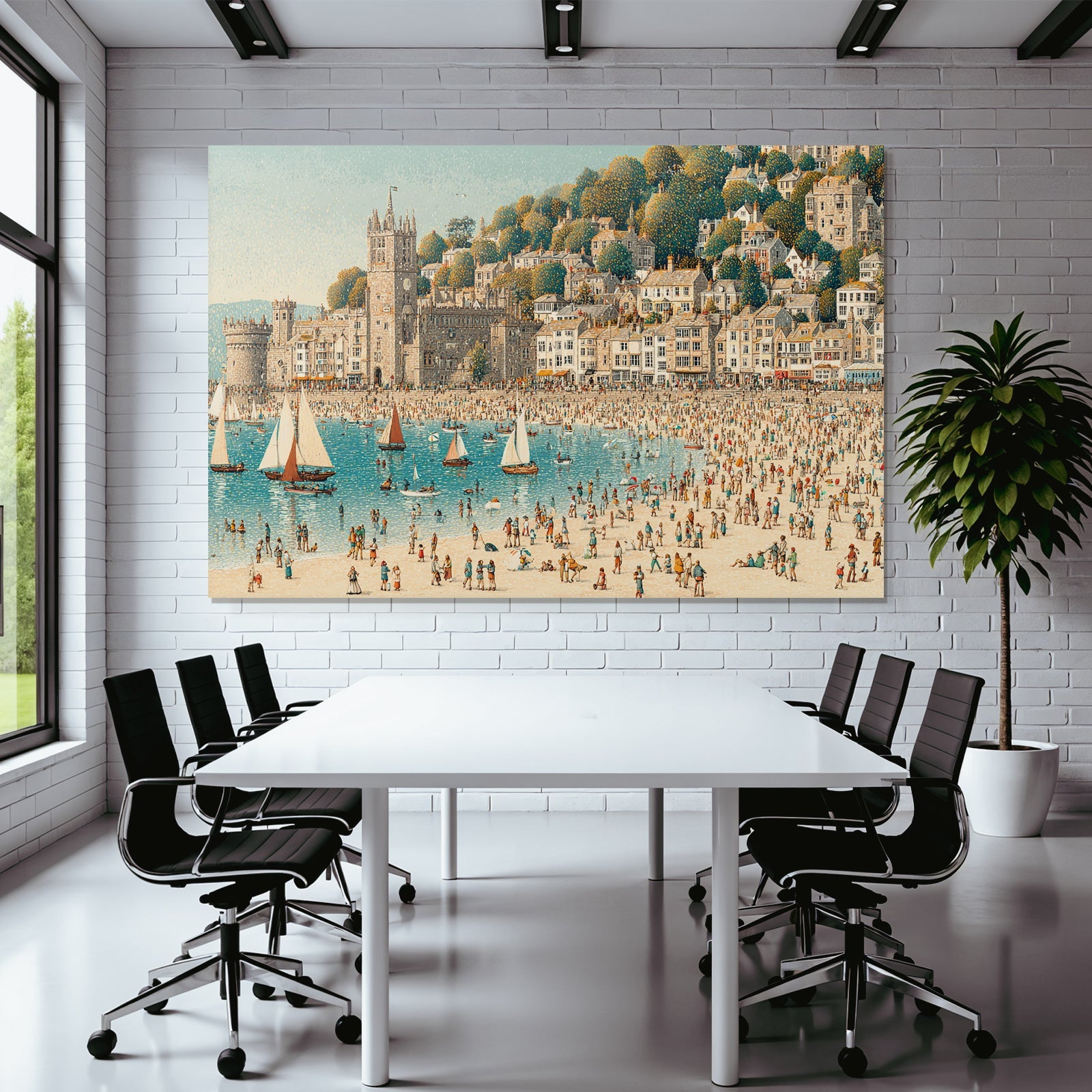 Bustling Seaside Scene Strandresort Harbor Illustration