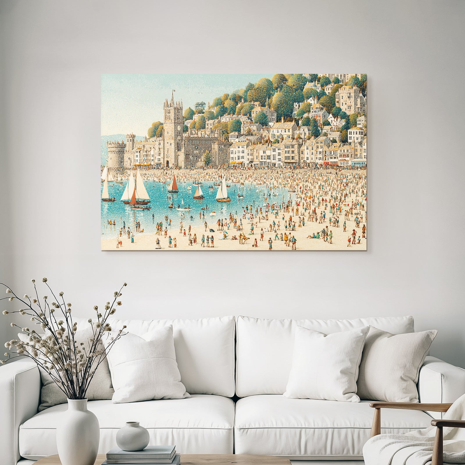 Bustling Seaside Scene Strandresort Harbor Illustration