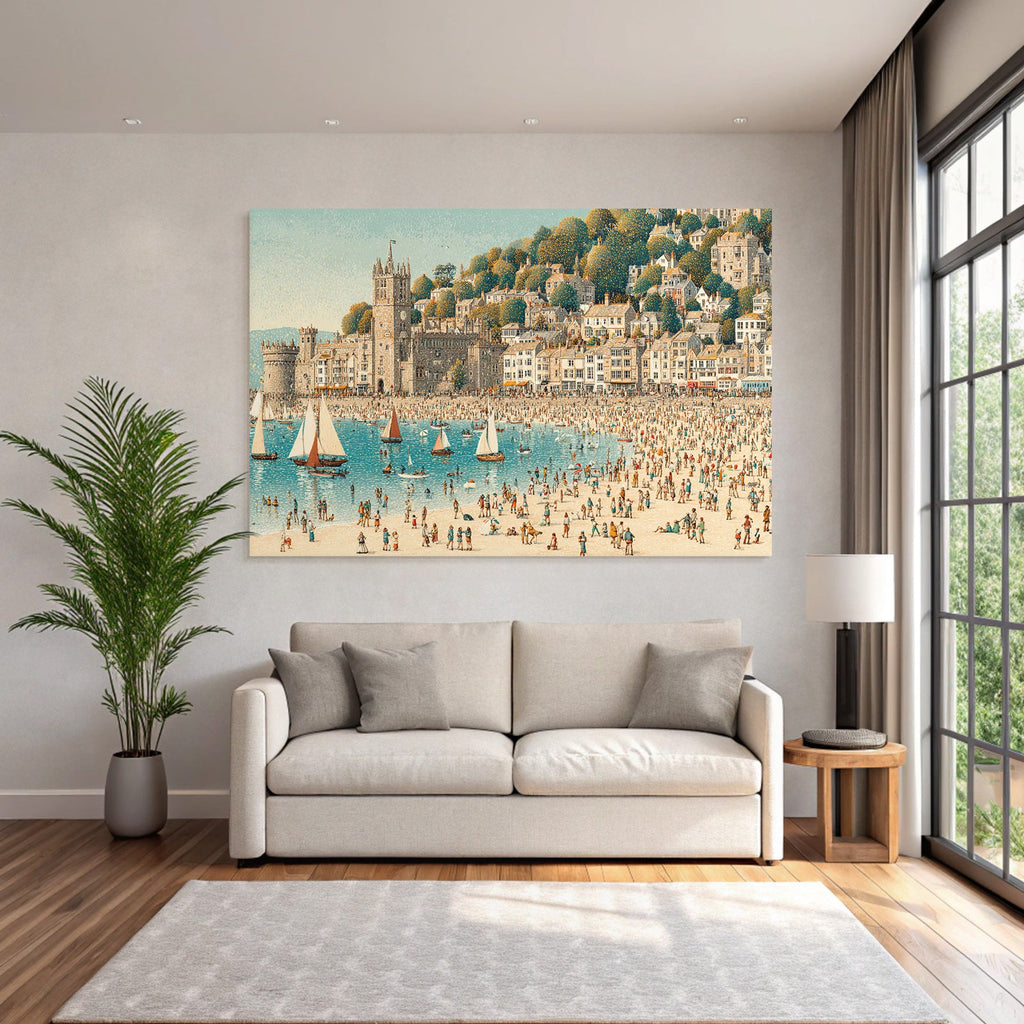 Bustling Seaside Scene Strandresort Harbor Illustration