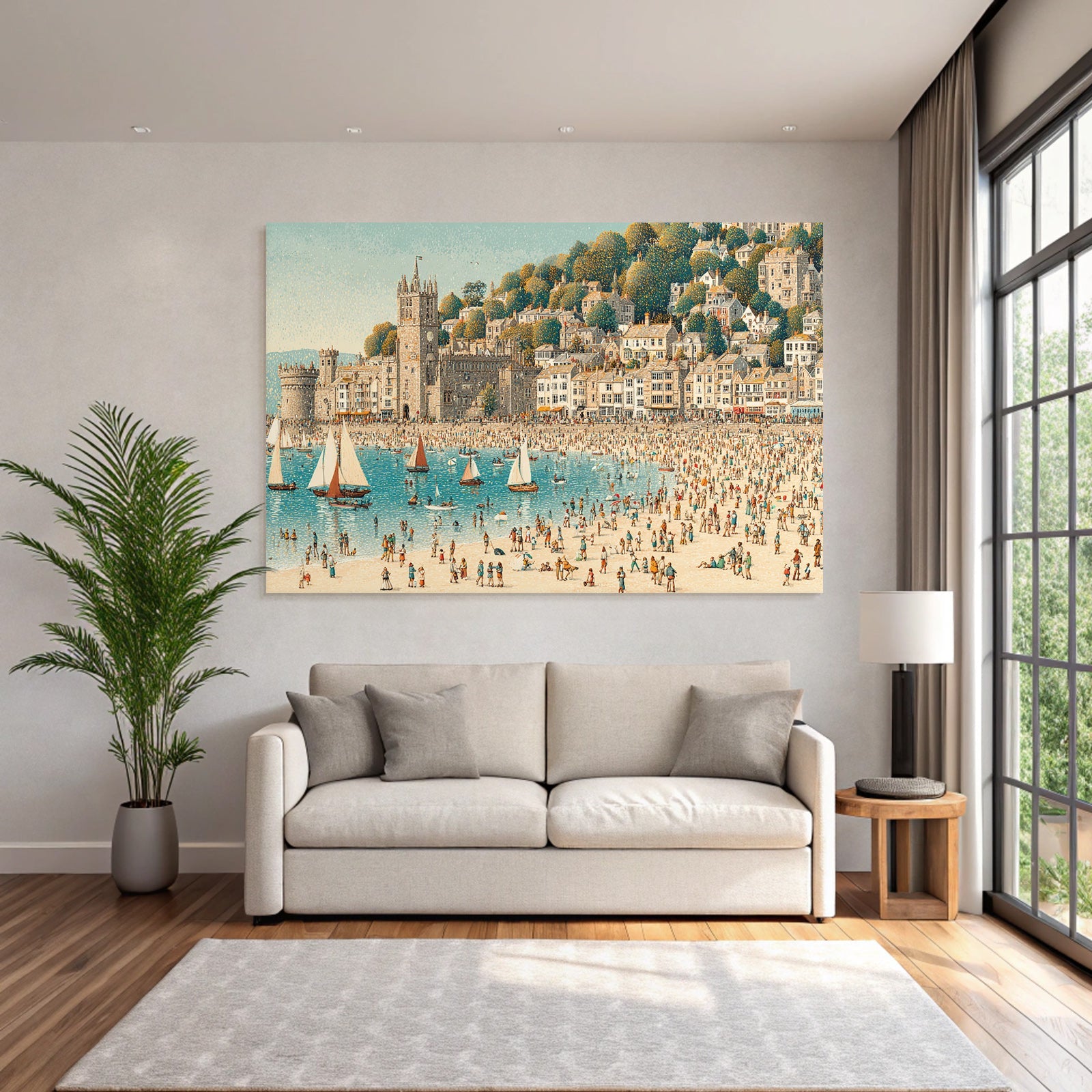 Bustling Seaside Scene Strandresort Harbor Illustration