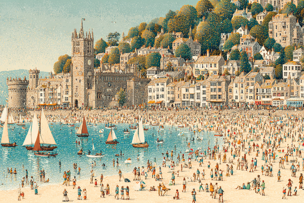 Bustling Seaside Scene Strandresort Harbor Illustration | Humor und Schraeges | Themen und Hobbys