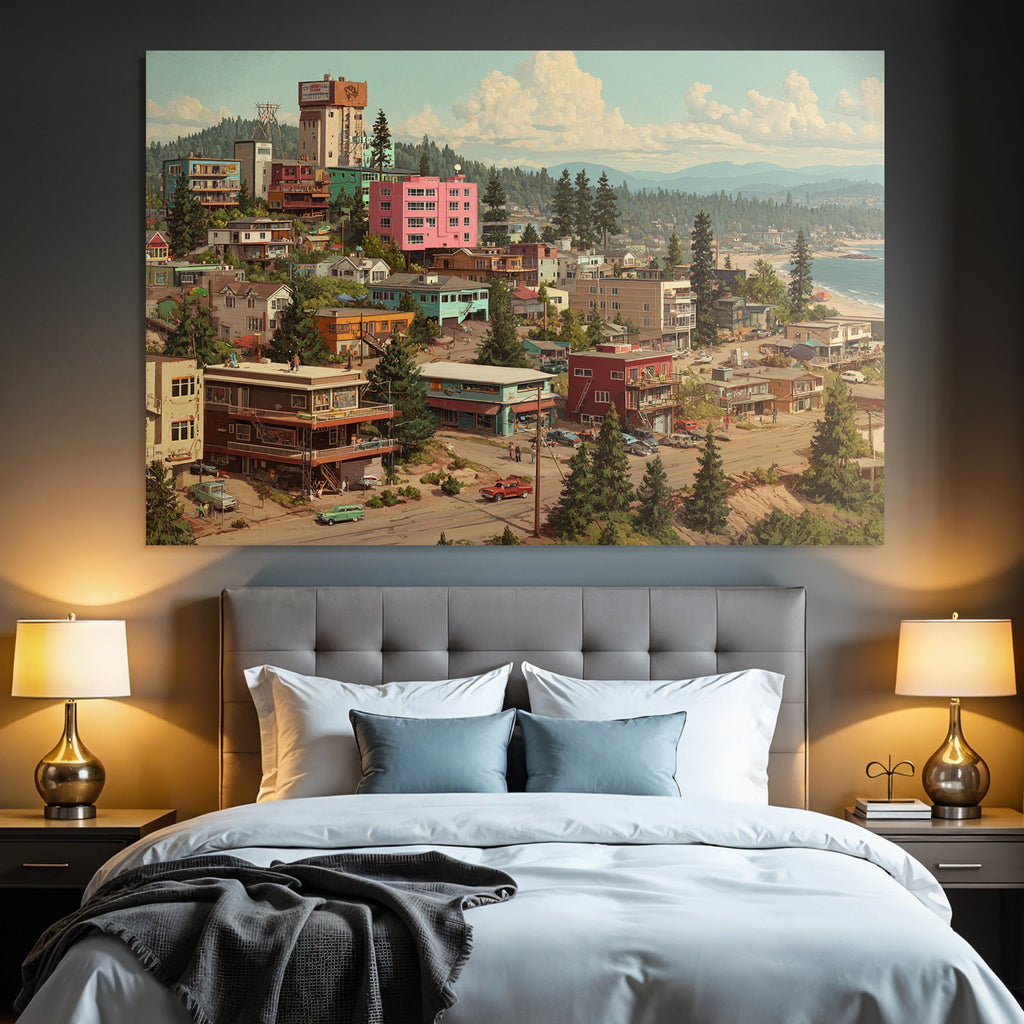 Coastal Town Vibrant Colorful Scene Mountains And Ocean