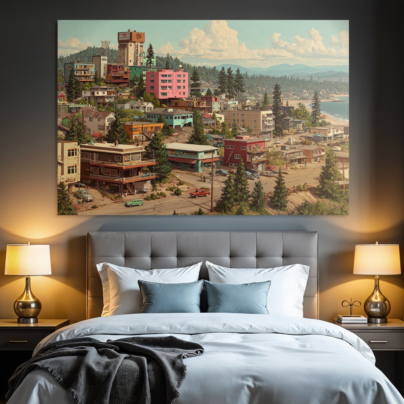 Coastal Town Vibrant Colorful Scene Mountains And Ocean