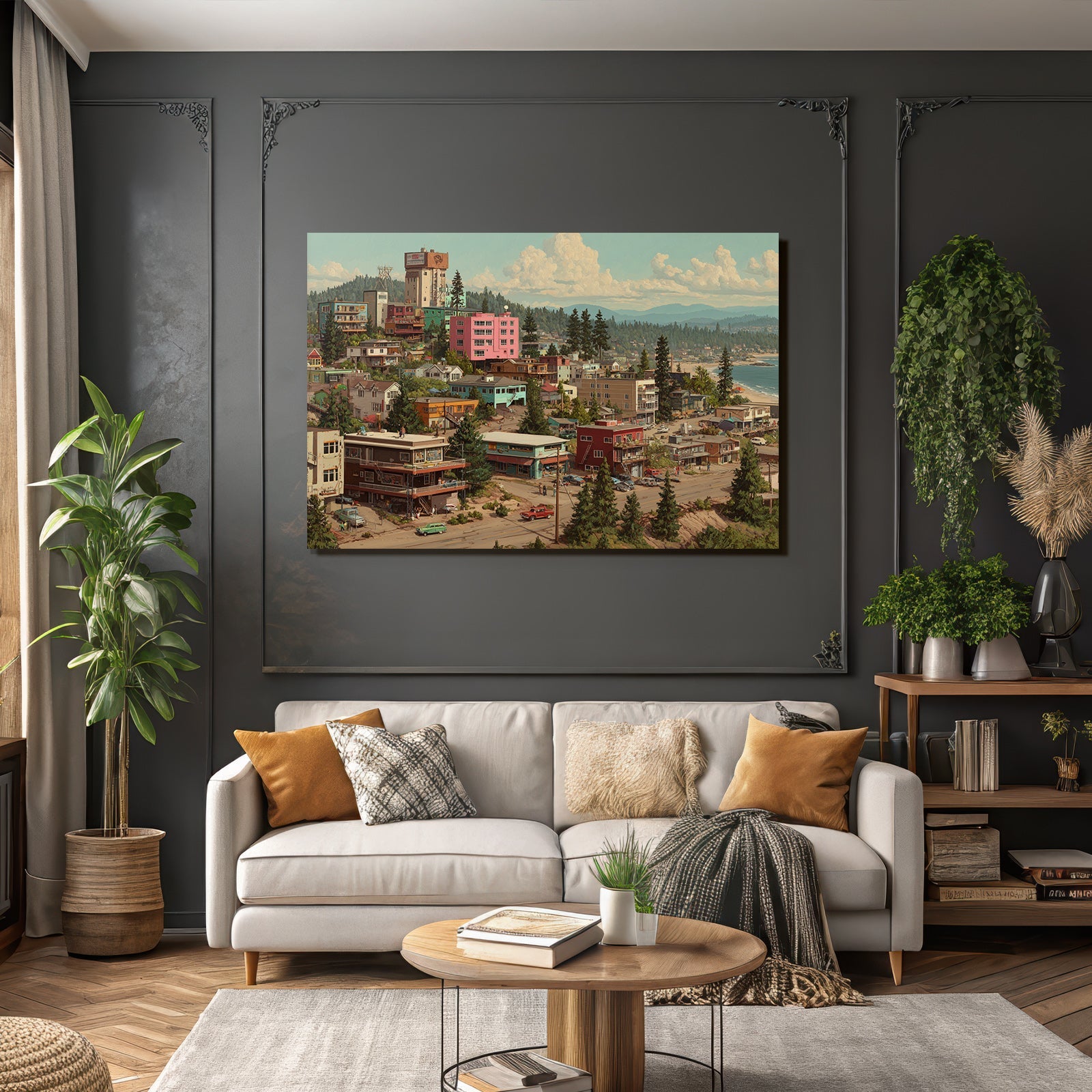 Coastal Town Vibrant Colorful Scene Mountains And Ocean