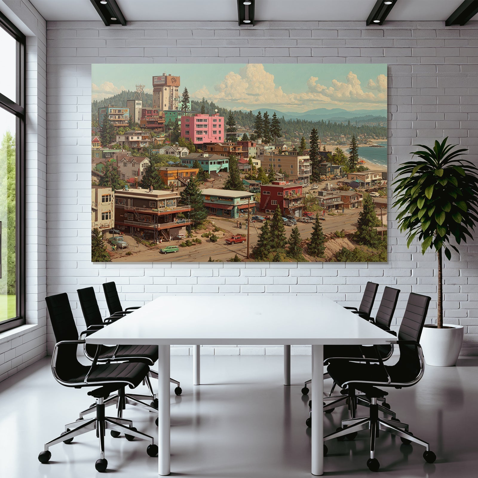Coastal Town Vibrant Colorful Scene Mountains And Ocean