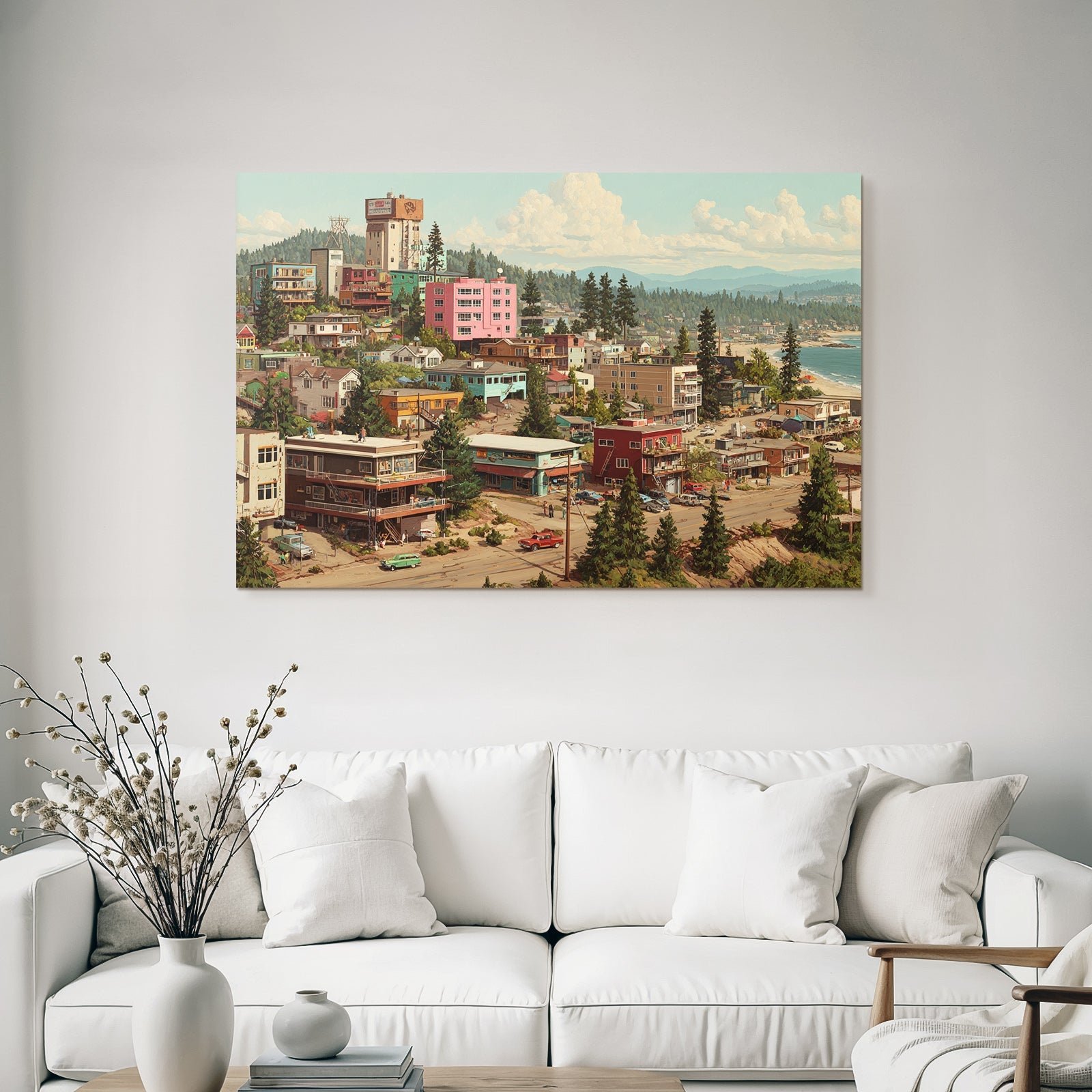 Coastal Town Vibrant Colorful Scene Mountains And Ocean