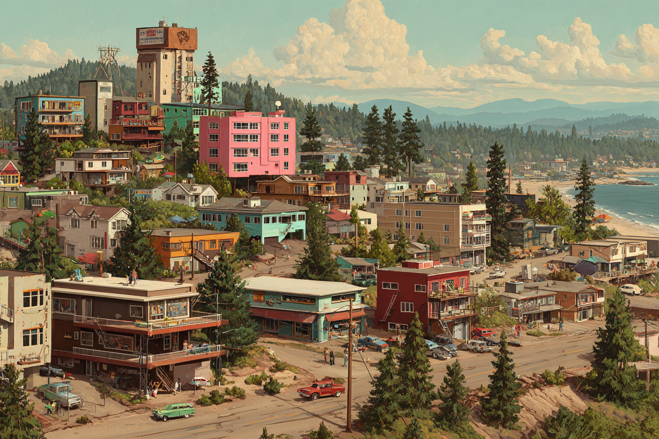 Coastal Town Vibrant Colorful Scene Mountains And Ocean | Humor und Schraeges | Themen und Hobbys