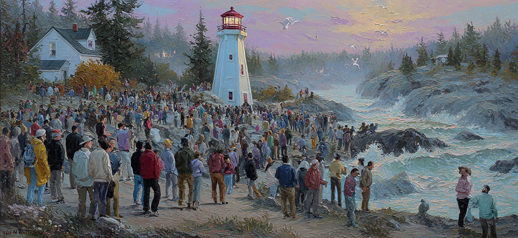 Crowd Gathered Near Lighthouse On Rocky Shore At Dawn Dusk | Humor und Schraeges | Themen und Hobbys
