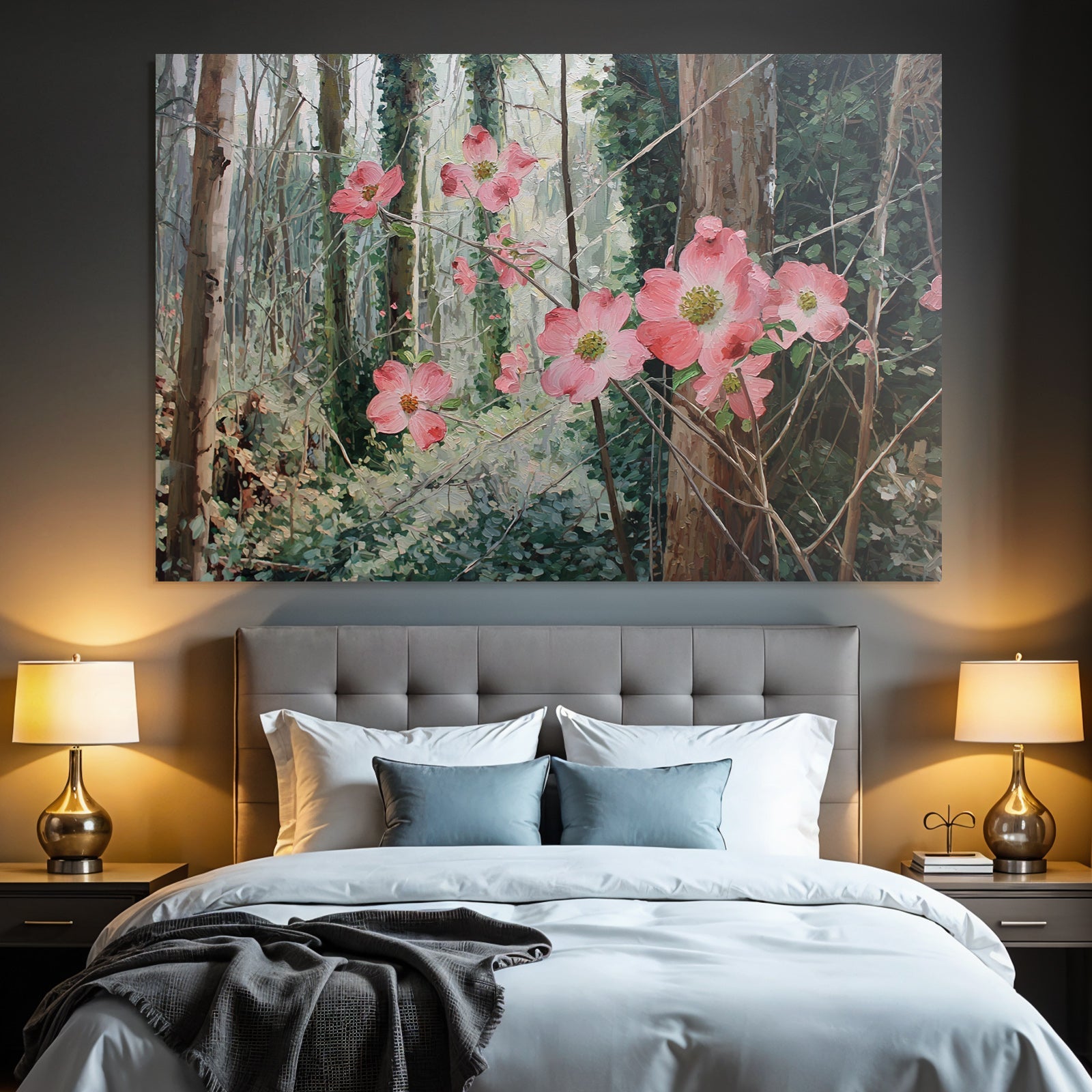 Friedlicher Wald Mit Rosa Blumen Impressionistisches Kunstwerk