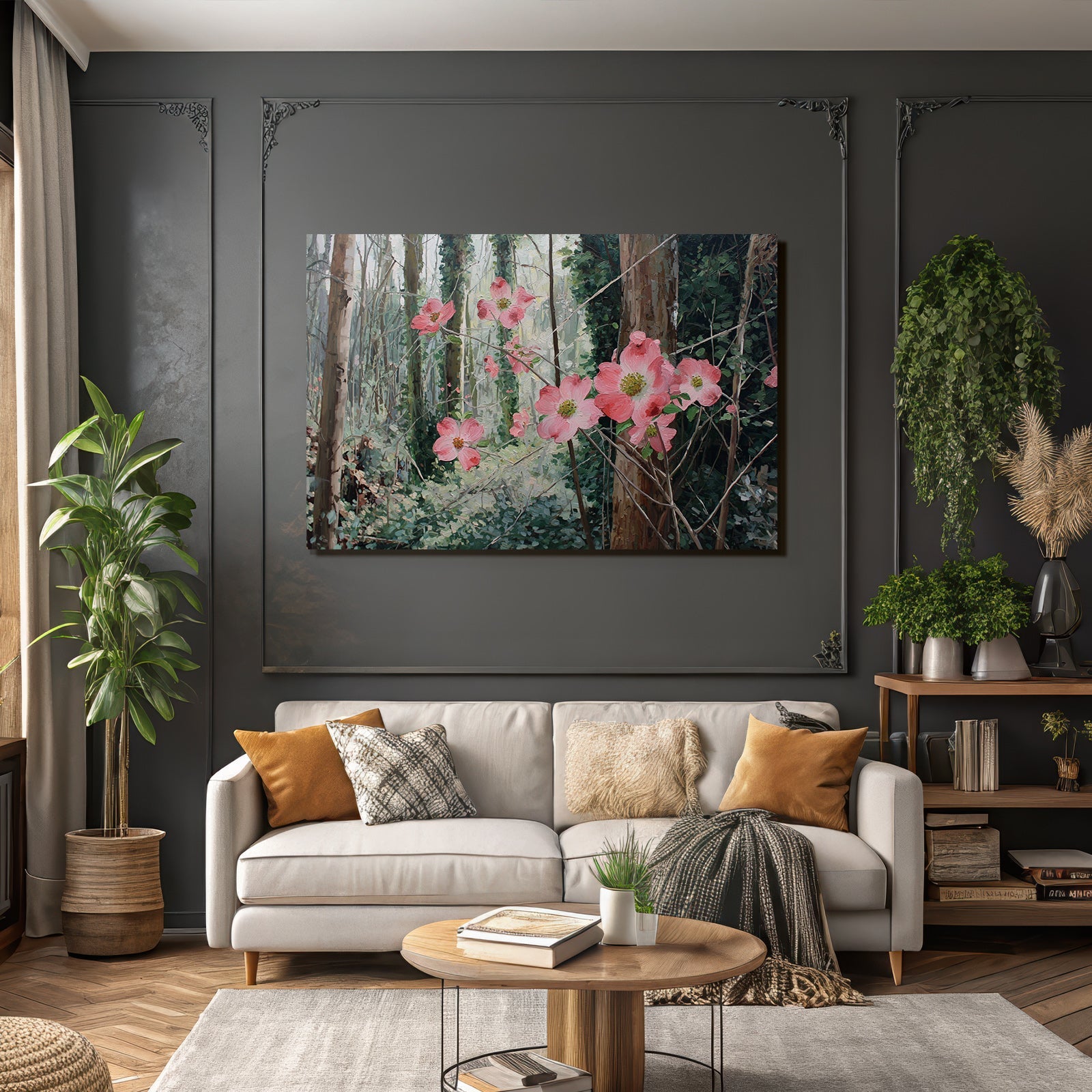Friedlicher Wald Mit Rosa Blumen Impressionistisches Kunstwerk